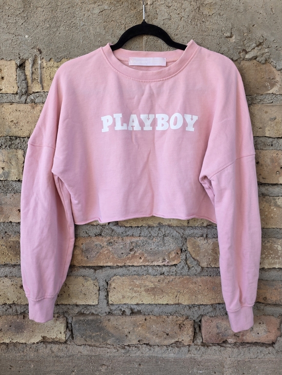 Missguided Sweaters - Playboy x Missguided Pink Cropped Sweatshirt Bunny Logo Spellout Y2K
